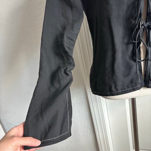 Zara Black Tie-Front Blouse Top Contrast White Stitching Bell Sleeve Y2K Small - Picture 11 of 12